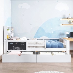 Merax Kinderbett 90 x 200 cm mit Schubladen Tafel Weiß