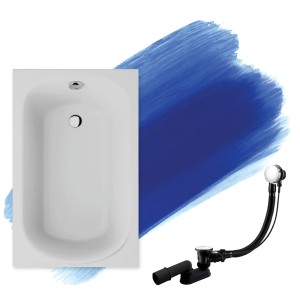 Weiße Rechteck-Badewanne MINI 100x65 aus Acryl mit automatischem Ablauf und Siphon-Set.