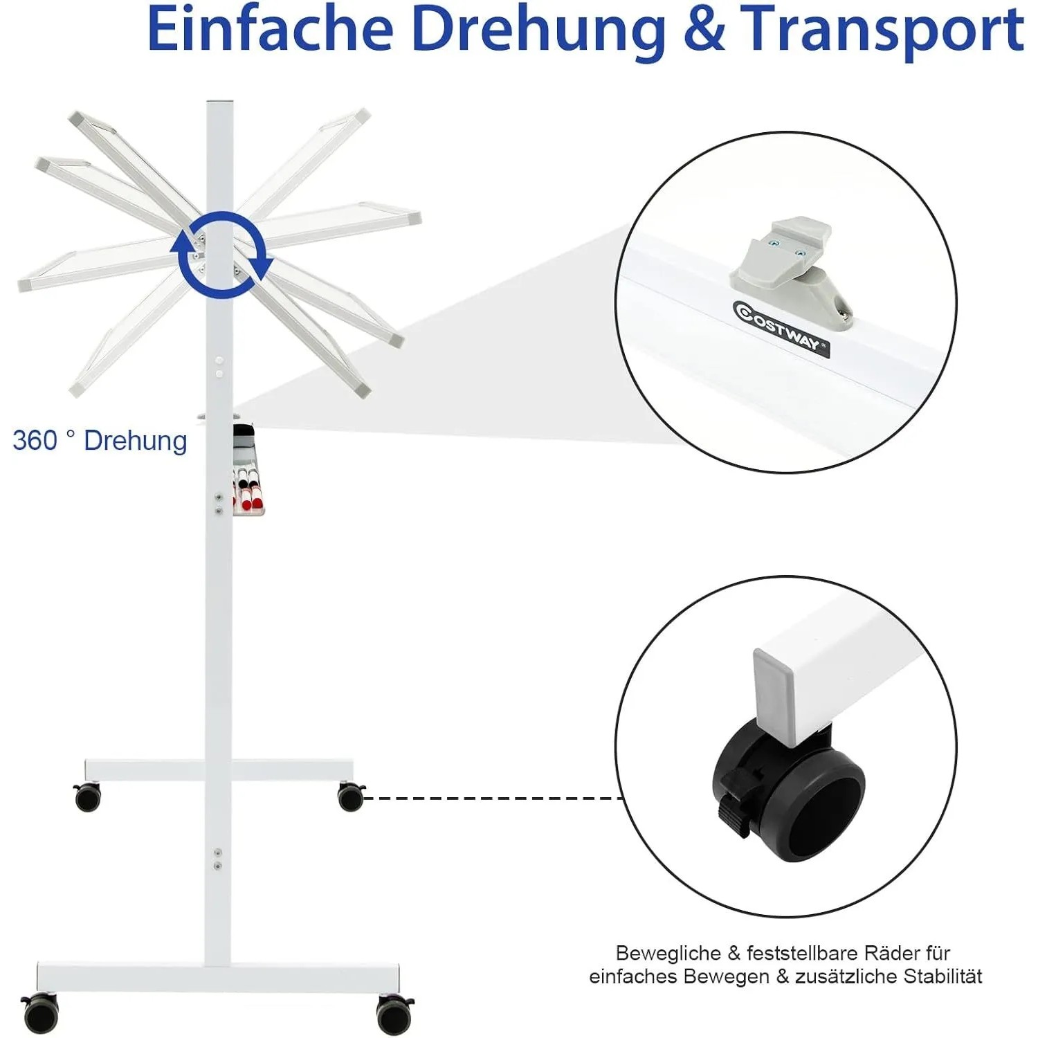 Costway Mobiles Whiteboard mit Ständer & Rollen Weiß 120 x 60 cm_4