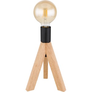 Globo Tischlampe Kira mit Dreibein-Holzfuß und schwarzem Lampenschirm. Design-Tischleuchte für Innenräume.