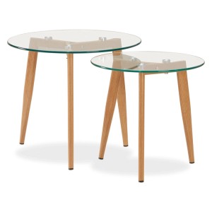 Homestyle4u Beistelltisch-Set: 2 runde Glastische mit Holzbeinen in Eiche-Optik. Modernes Couchtisch-Set.