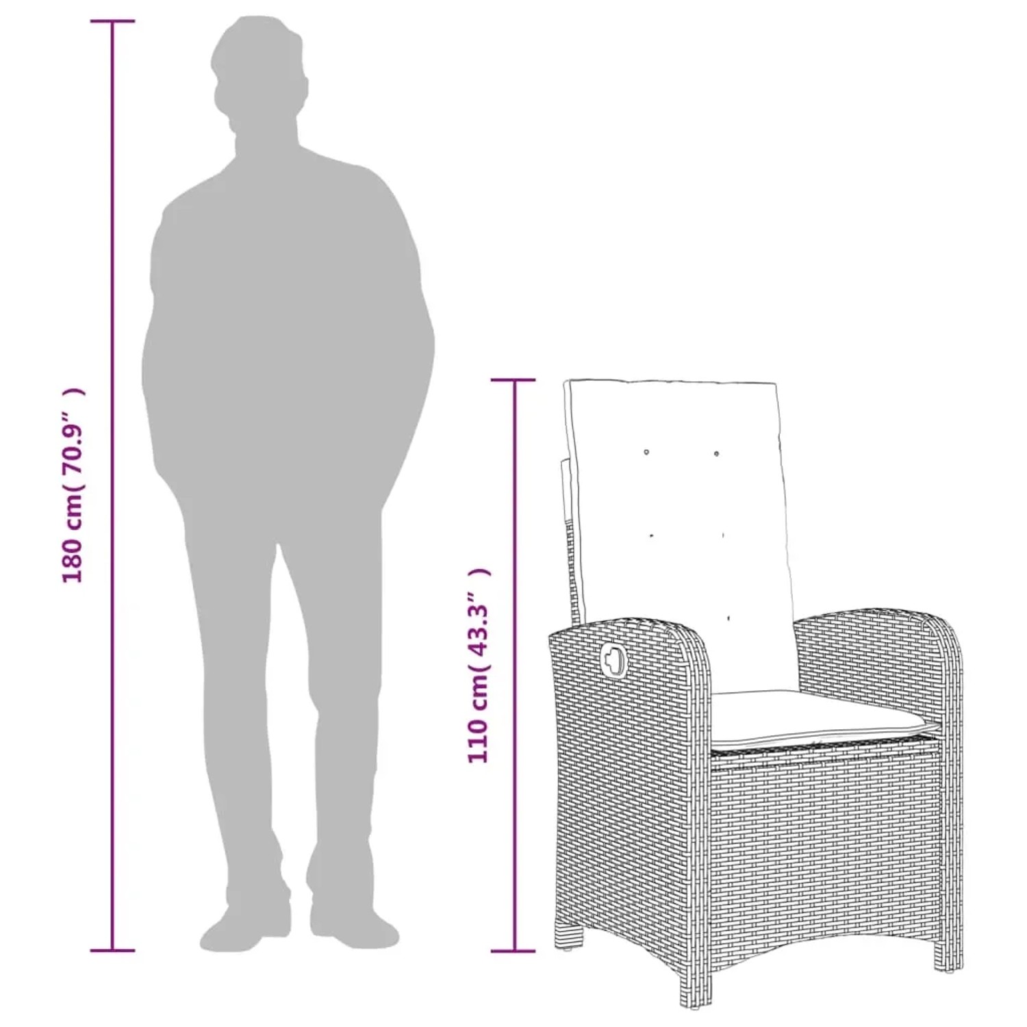 Abbildung der Maße des braunen vidaXL Gartenstuhls aus Polyrattan mit Kissen, Teil der 5-tlg. Essgruppe.