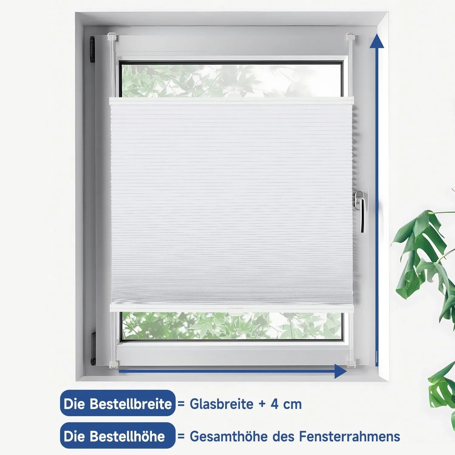 Weißes Wabenplissee mit sichtbarer Wabenstruktur am Fenster, ohne Bohren montiert. Zeigt Messanleitung.