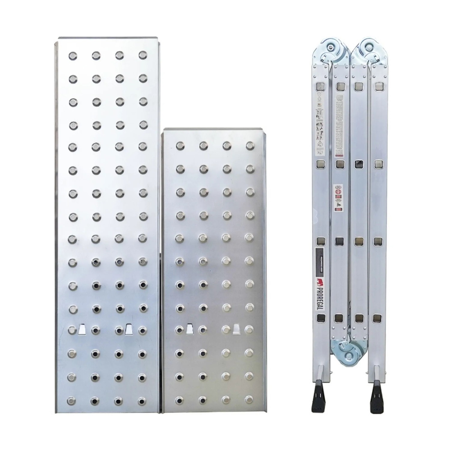 PROREGAL Mehrzweckleiter mit Gerüstplattform, Aluminium, zusammengeklappt mit Gerüstplatten.