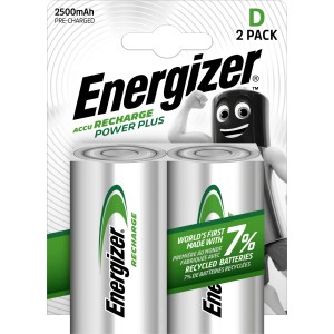 Energizer Akku Power Plus D Mono, 2er-Packung, 2500 mAh, wiederaufladbar für Standardgeräte.