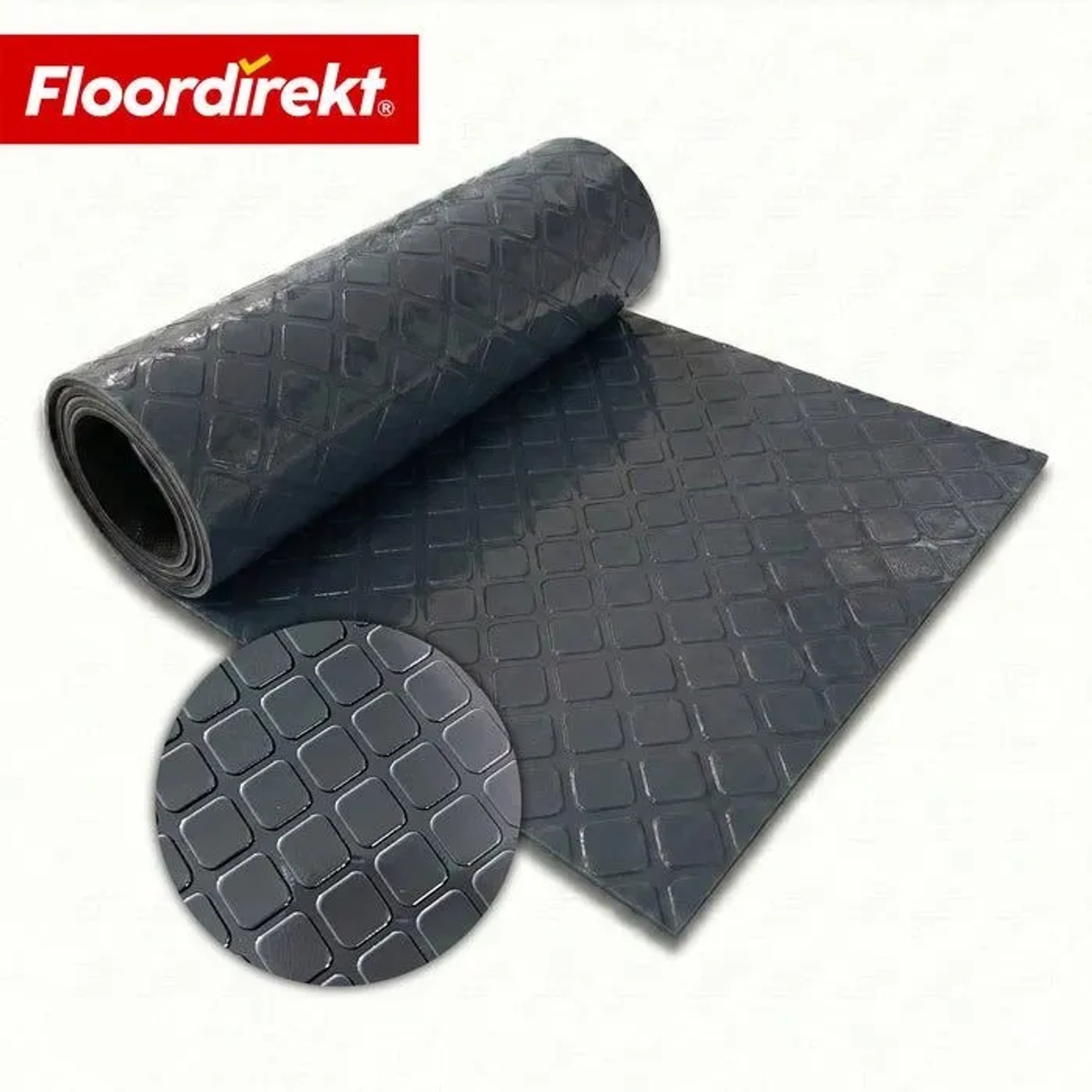 Dunkelgrauer Floordirekt PVC-Bodenbelag mit Quadra Quadrat-Optik, gerollt und ausgerollt.