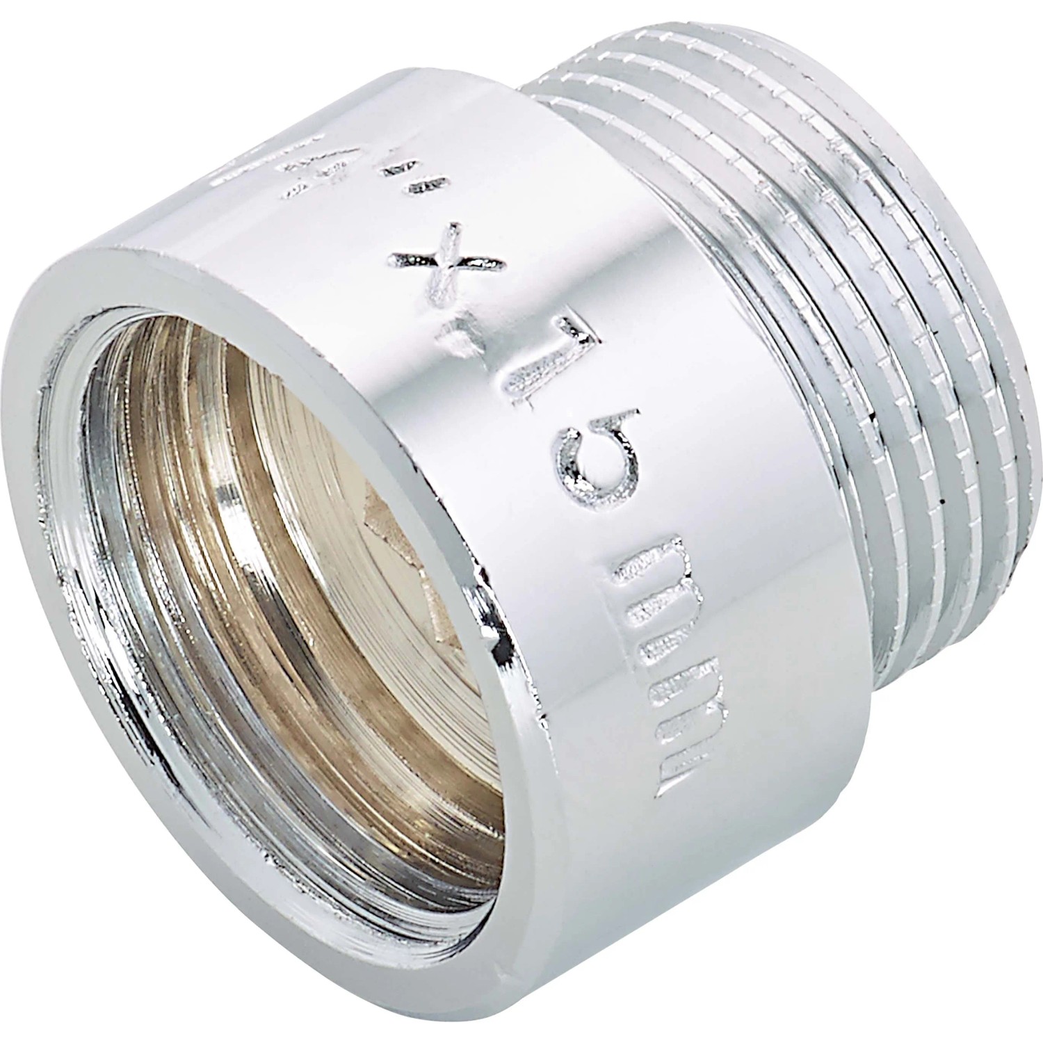 Verchromte Hahnverlängerung aus Messing, 24,1 mm x 26,4 mm, 15 mm Verlängerung.