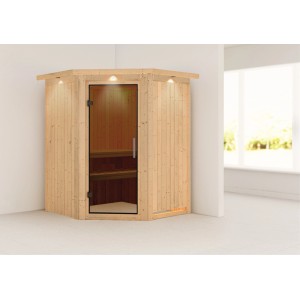 Karibu Sauna Lyra mit LED-Dachkranz aus naturbelassenem Fichtenholz, Elementsauna mit Glastür.