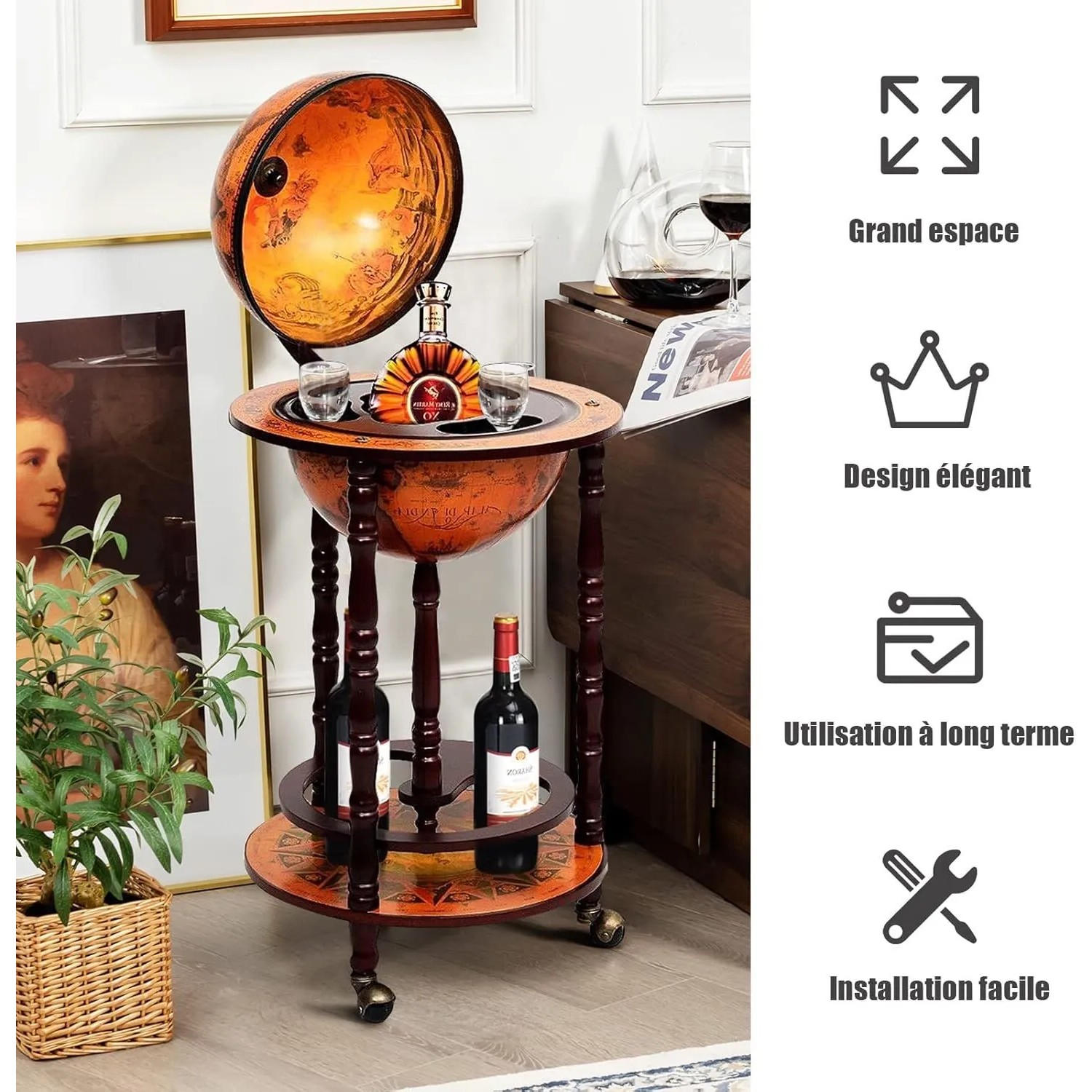 Costway Globus Bar Barwagen Minibar Weinregal mit Rollen Braun_6