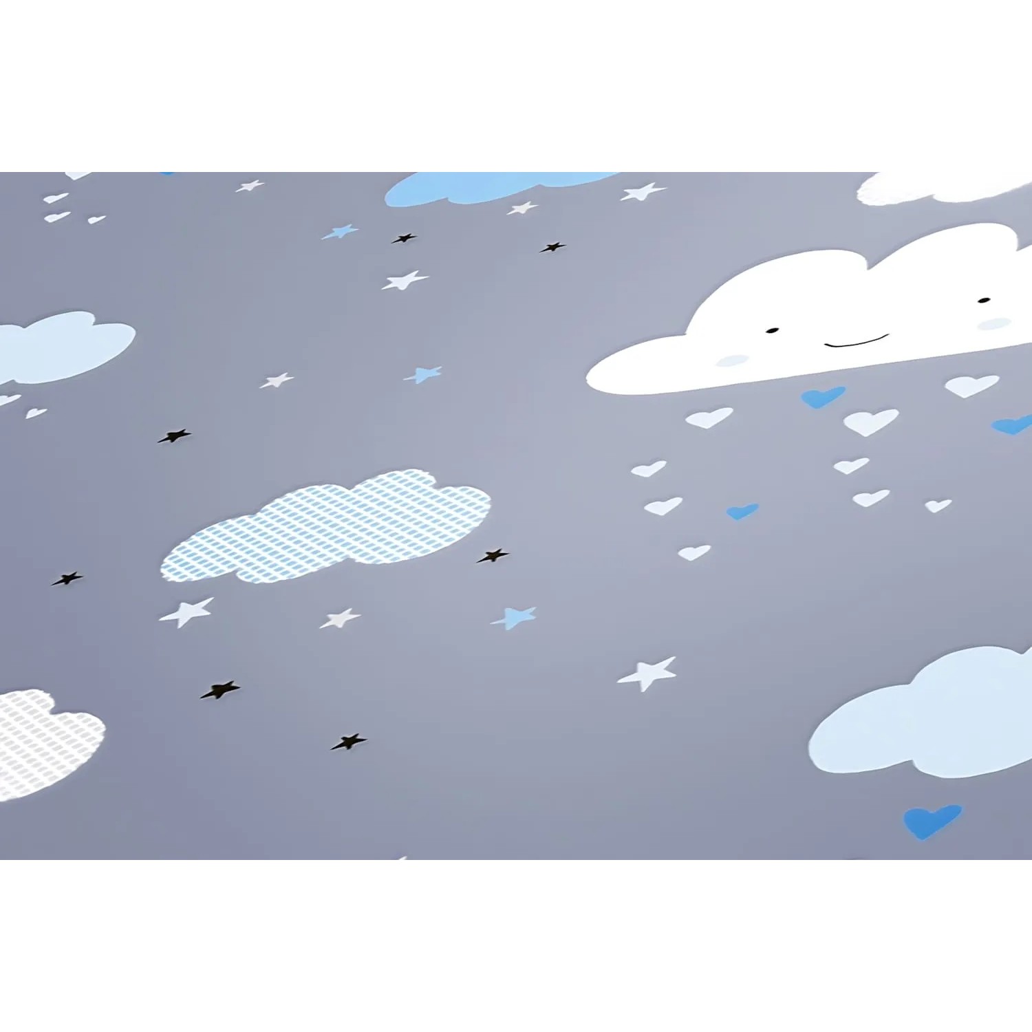 PROFHOME Kindertapete mit Wolken- und Sternenmuster in Blau, Grau und Weiß.