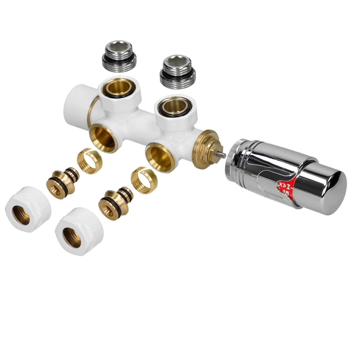 LuxeBath Ventil-Armaturen Set Multiblock Weiß Eckform inkl Thermostatkopf