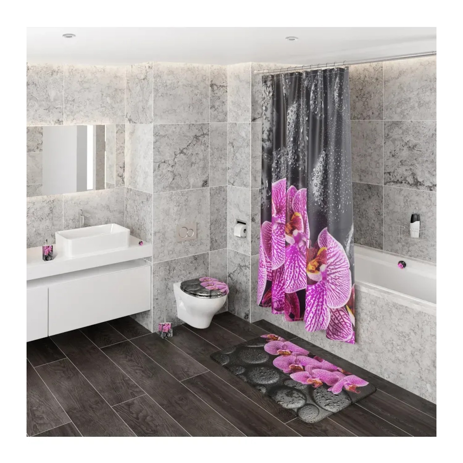 Badezimmer mit Sanilo WC-Bürste Madeira und passenden Badaccessoires mit Orchideen Motiv.