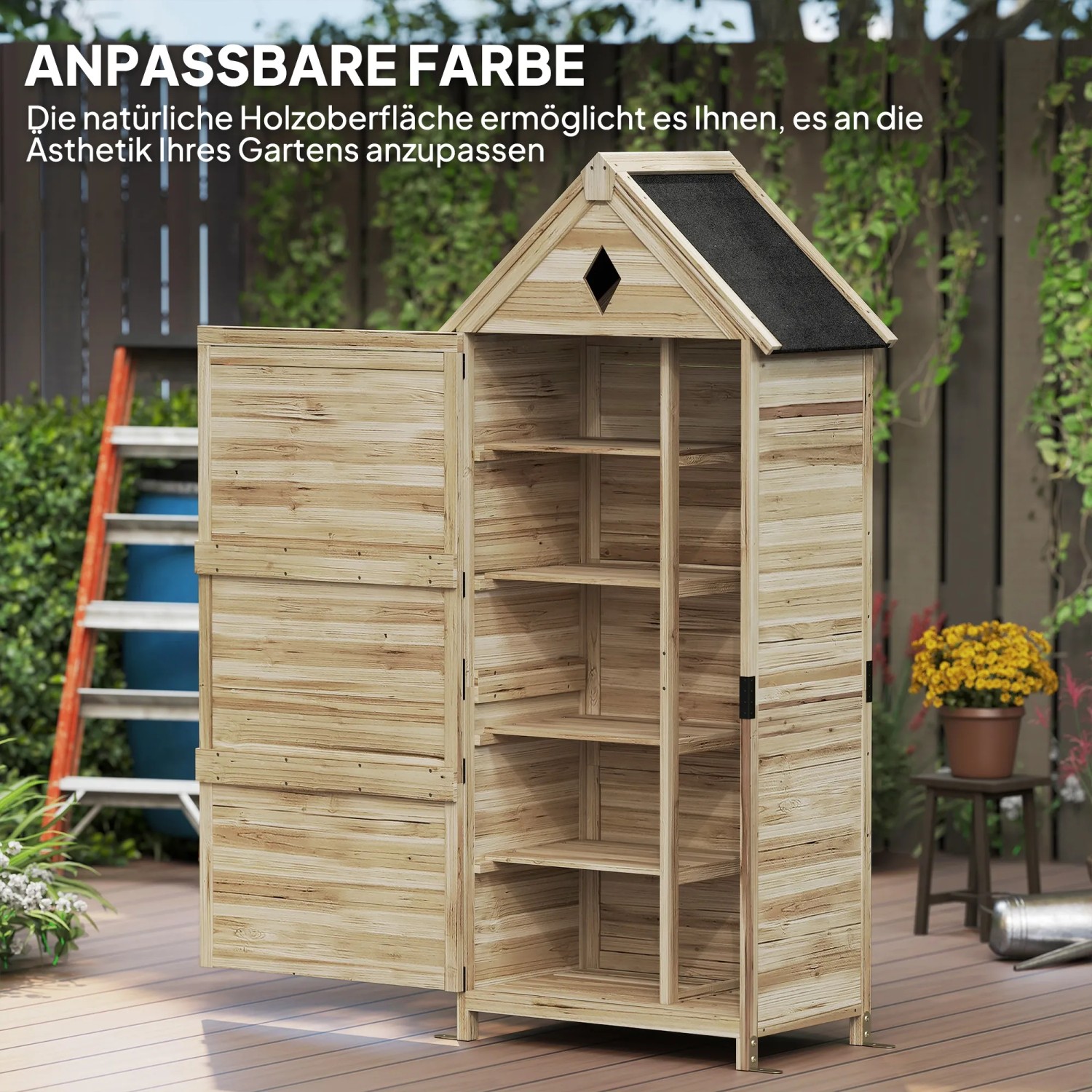 Outsunny Gartenschrank aus Tannenholz mit Regalen, naturbelassen. Werkzeugschrank für Garten.