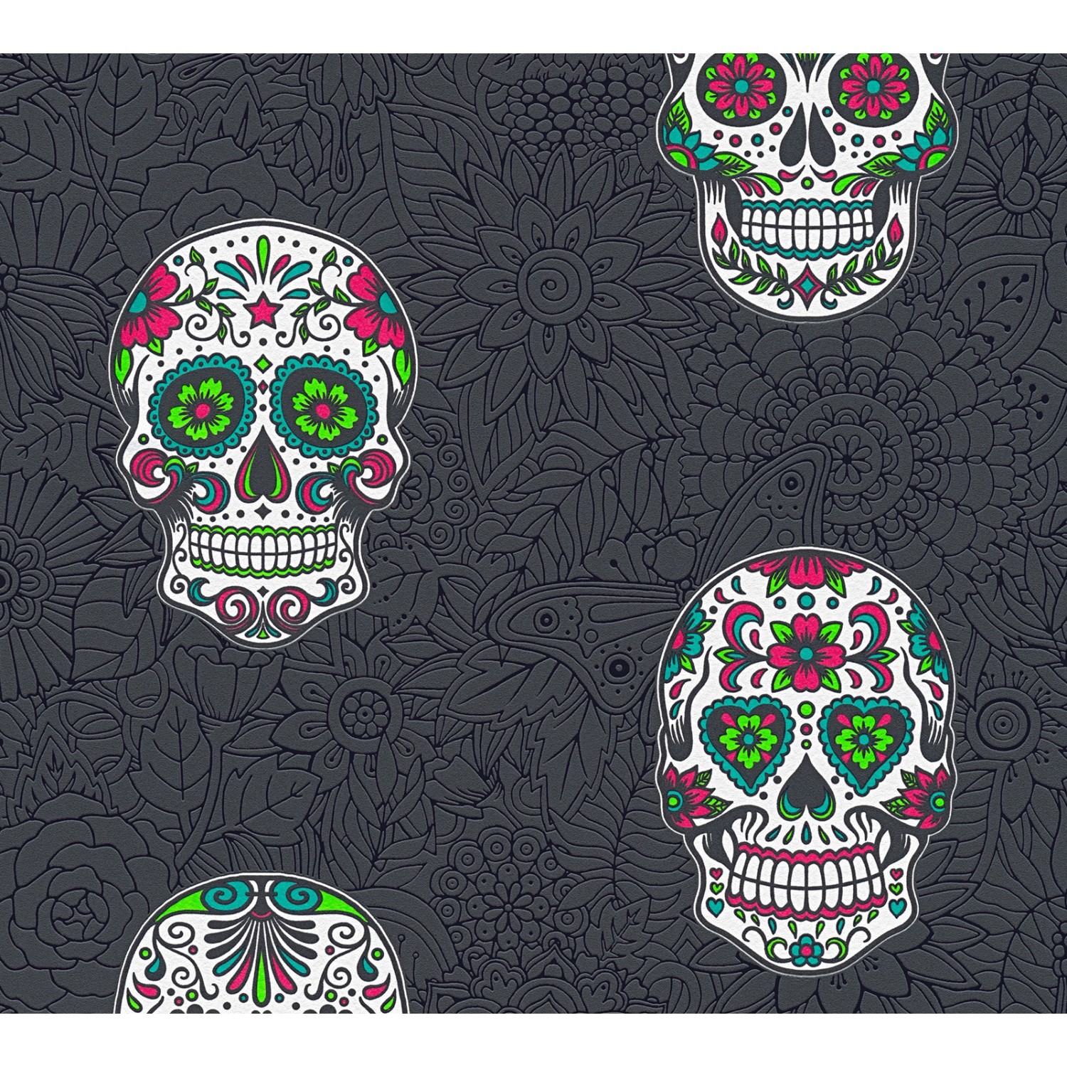 Bricoflor Totenkopf Tapete in anthrazit Selbstklebende Schwarze Vliestapete mit Blumen Ideal für Jugendzimmer und Wohnzimmer Vinyl Tapeten Panel