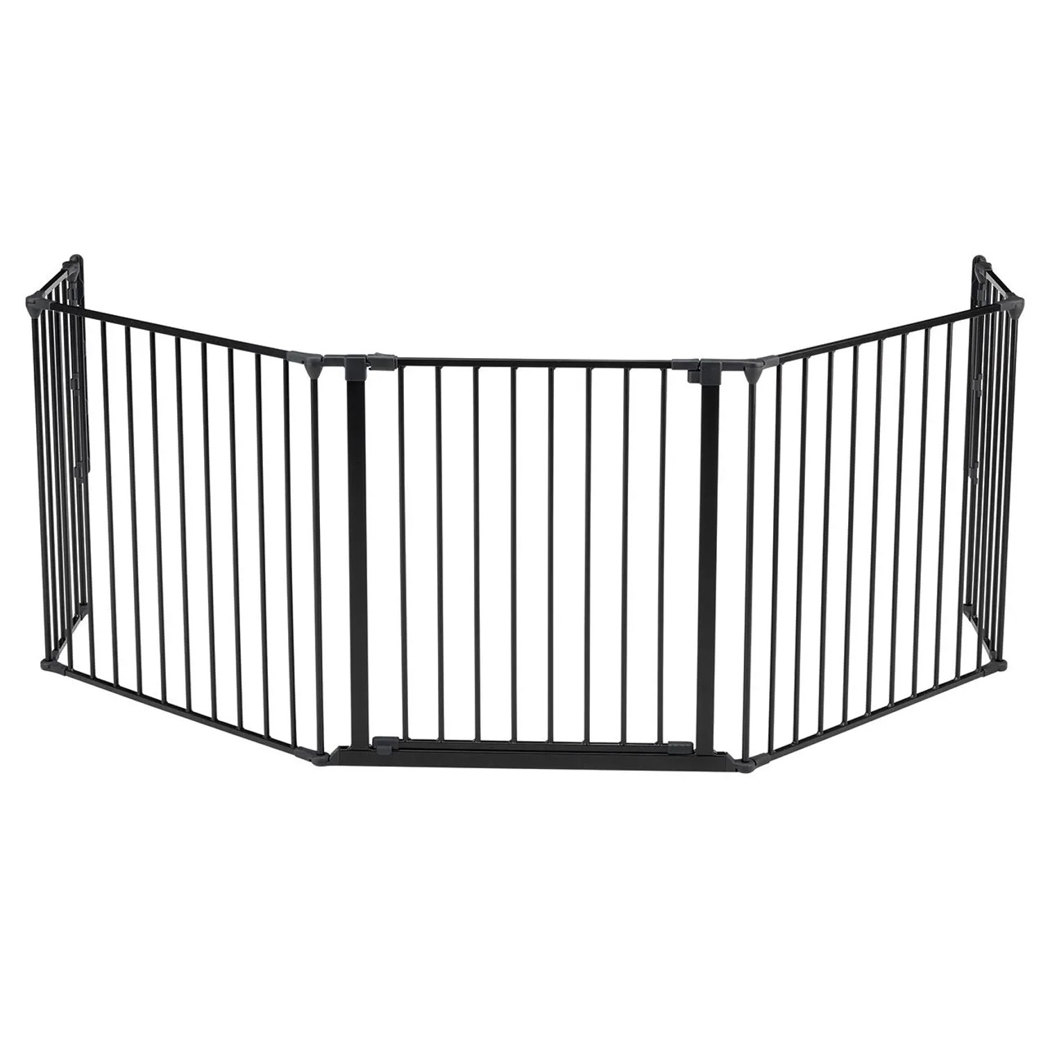 Schwarzes Kaminofenschutzgitter Ben aus Metall, flexibel aufstellbar, mit Tür.