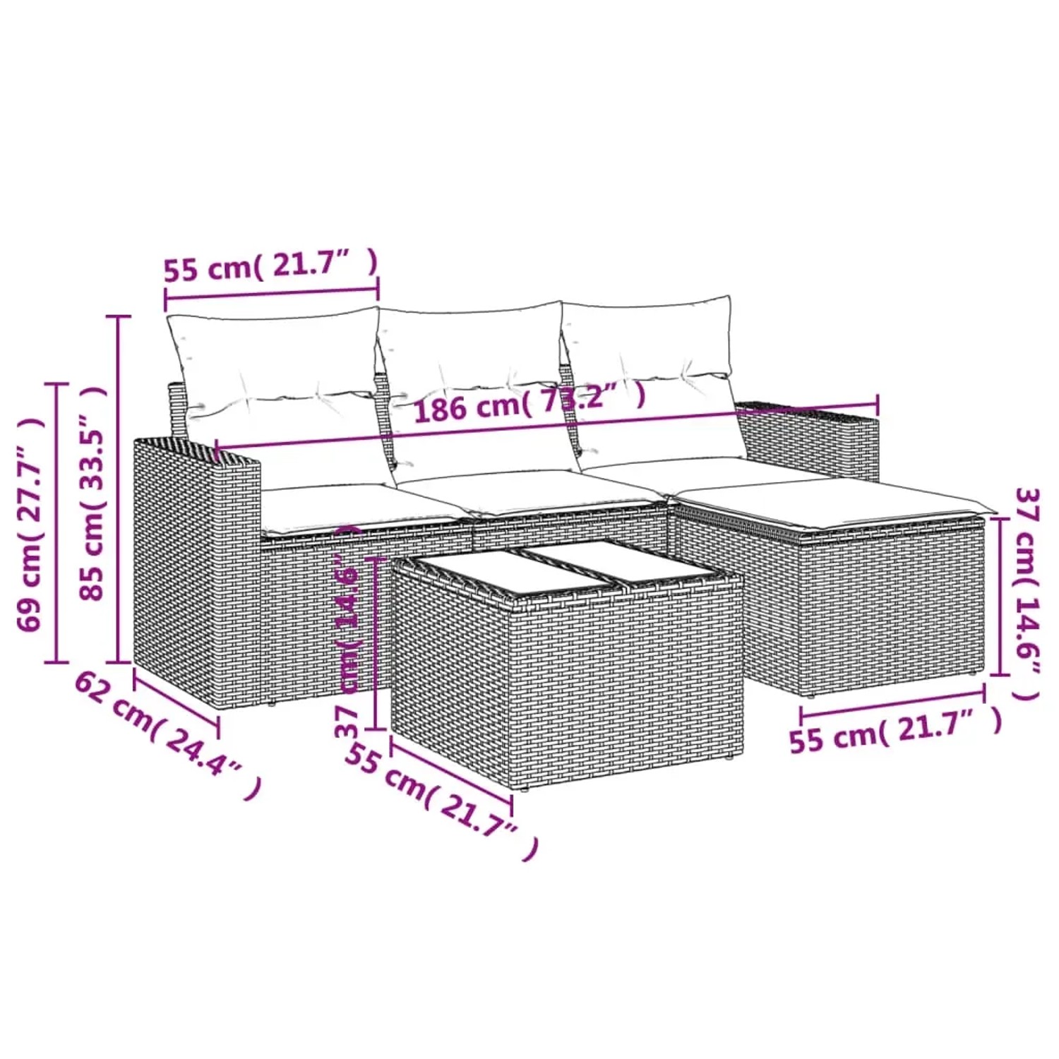 vidaXL 5-tlg. Garten-Sofagarnitur braun mit Maßen, Poly Rattan, ideal für Terrasse und Garten.
