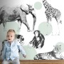 ESTAhome Fototapete Tiere Mintgrün mit Elefant, Giraffe, Affe und Tiger im Kinderzimmer.