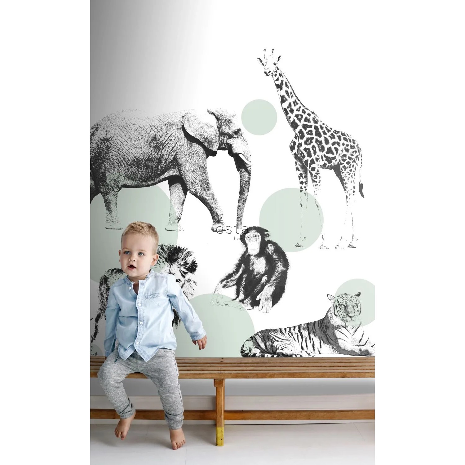 ESTAhome Fototapete Tiere Mintgrün mit Elefant, Giraffe, Affe und Tiger im Kinderzimmer.