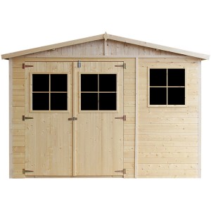 Timbela Holz-Gartenhaus M335+M335G, 9 m², mit Fenstern und Boden. Unbehandeltes Holz.