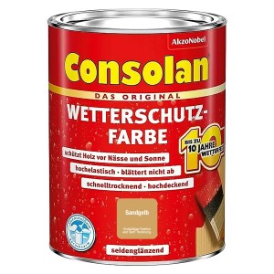 Consolan Wetterschutzfarbe Sandgelb, seidenglänzend, 750ml Dose. Holzfarbe für Aussen.