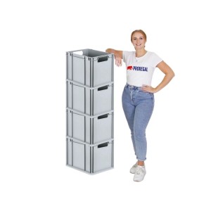 PROREGAL Spar Set: 4 graue Euroboxen mit Deckel, 30L, gestapelt. Aufbewahrungsboxen für Industrie und Gewerbe.