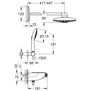 Technische Zeichnung: Grohe Rainshower SmartControl 360 Duo Duschsystem mit Maßen.