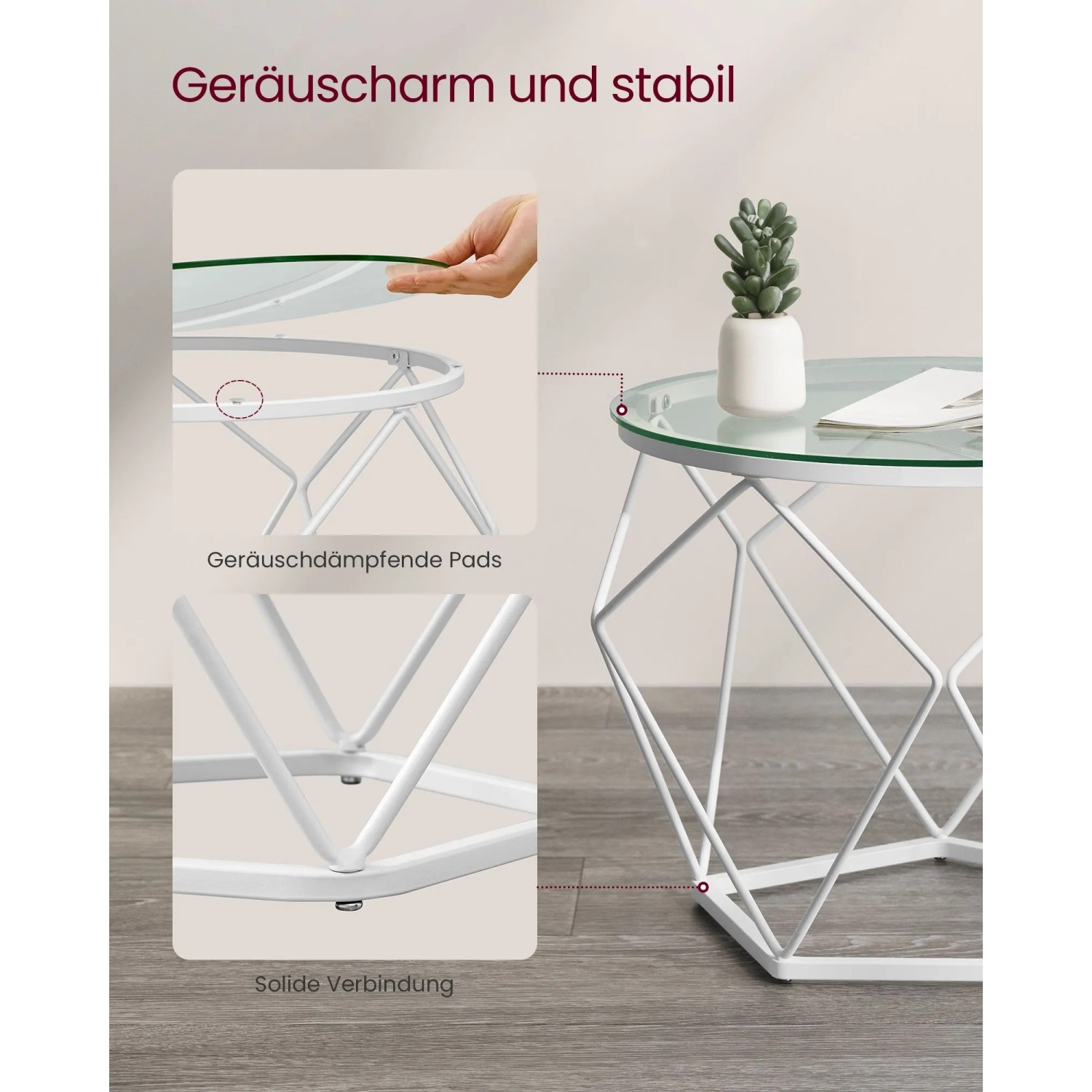 Vasagle Wohnzimmertisch 2er Set, rund, weiß-transparent, Details zu Glasplatte, Gestell und Füßen.
