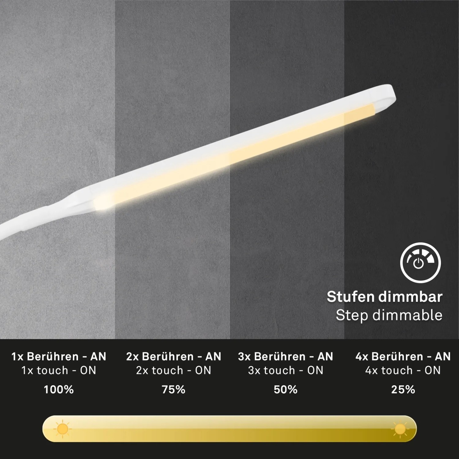 Dimmbare Brilo LED Stehleuchte Pivaz in Weiß, Touch-Funktion zur Helligkeitsregelung.