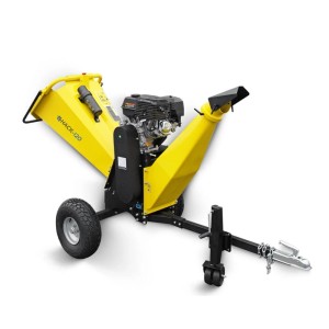 Gelber BAMATO Benzin-Holzhäcksler HACK-120 mit Motor, Rädern und Anhängerkupplung für Äste bis 150 mm.