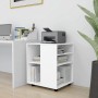 Weißer vidaXL Rollschrank aus Holzwerkstoff mit Ablagefächern und Rollen unter einem Drucker.