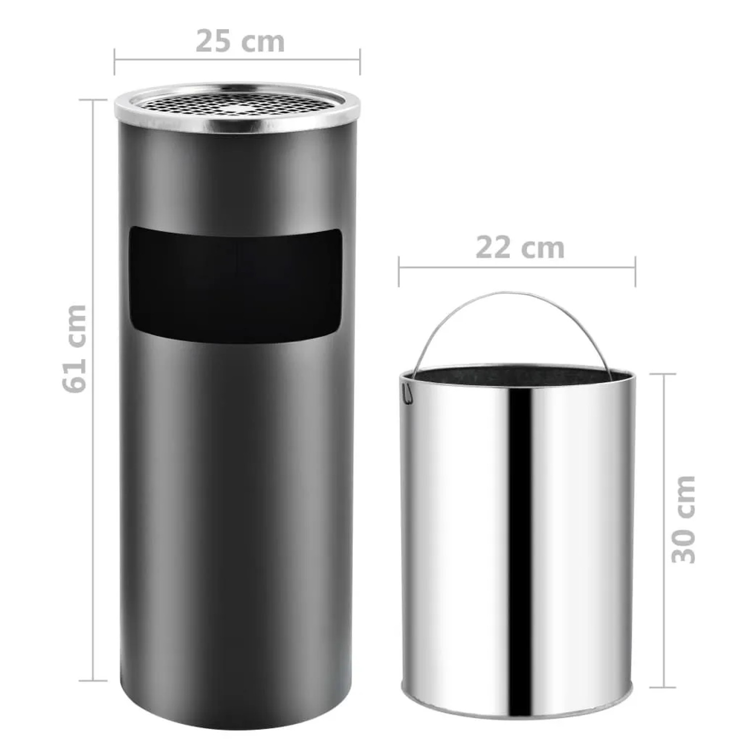 Grauer runder Standaschenbecher aus Stahl mit 30L Mülleimer und herausnehmbarem Inneneimer. Ideal für draußen.