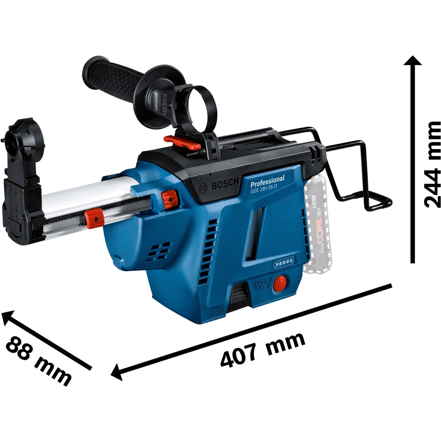 Bosch Professional GDE 18V-26D Akku-Staubsauger für Bohrhämmer, mit Maßangaben.