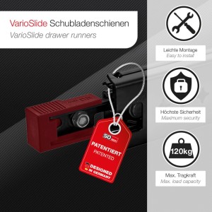 SOTECH VarioSlide Schwerlastauszug 1200 mm mit rotem Einrasthebel und Patent-Tag, bis 120 kg Tragkraft.