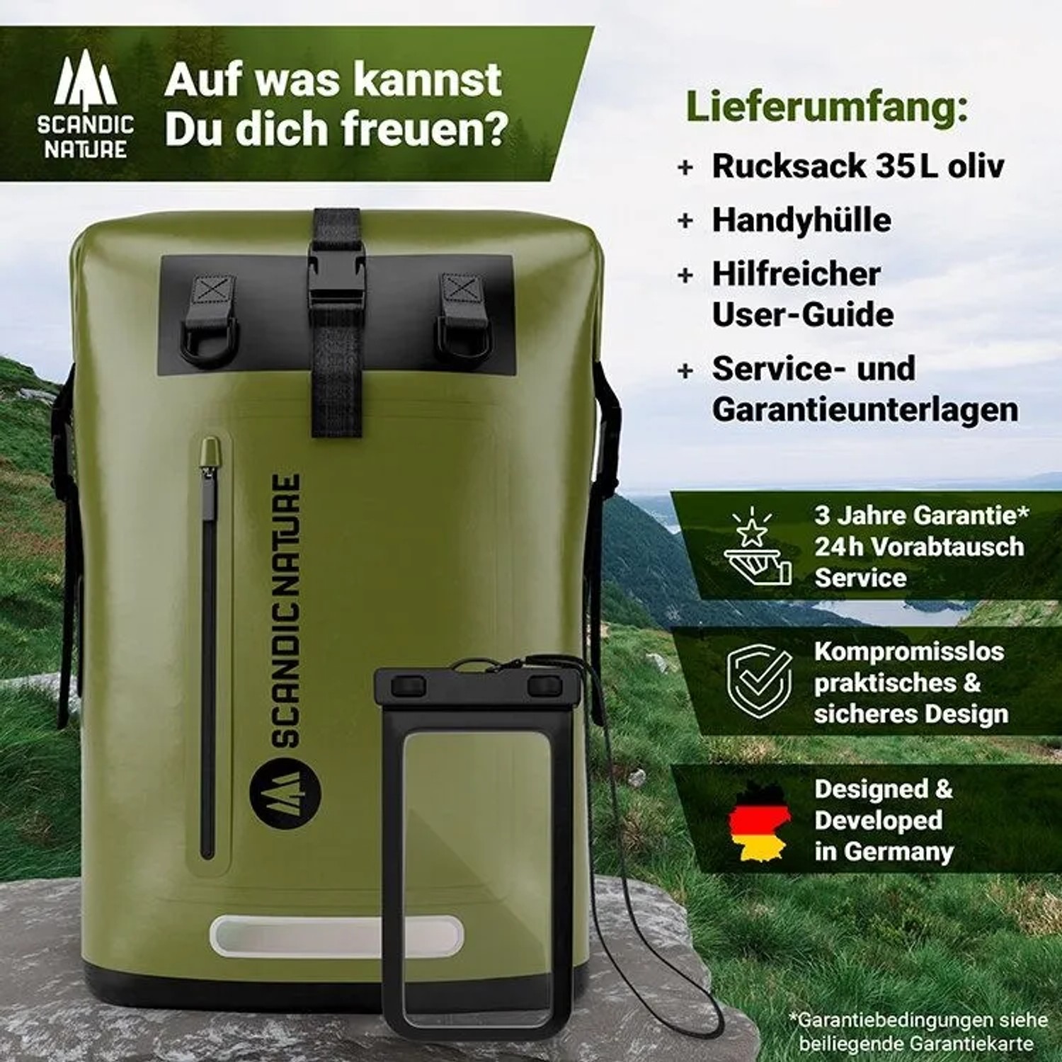 Olivgrüner SCANDIC NATURE Pioneer 35L Roll Top Rucksack mit Handyhülle für Outdoor, Wandern & Reisen.
