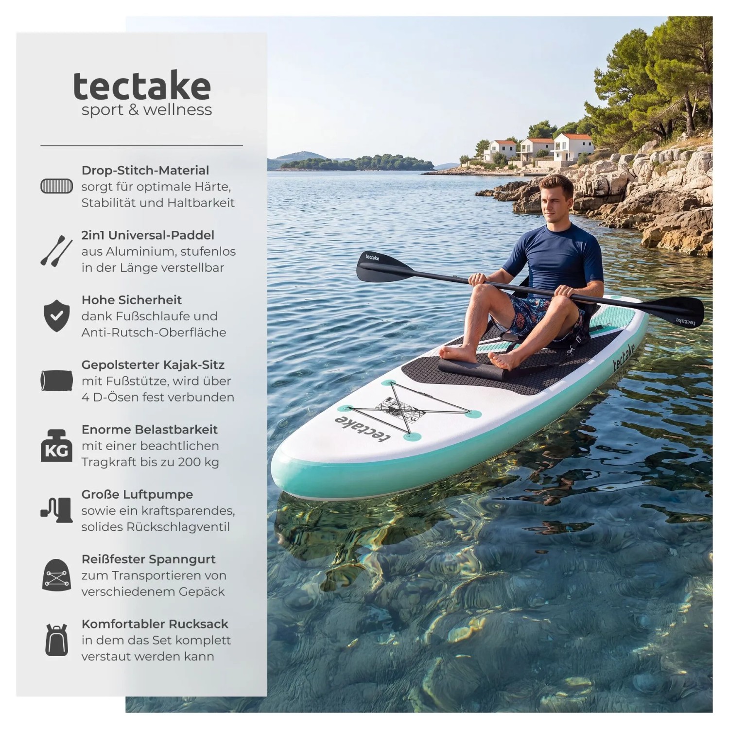 Mann sitzt auf weiß-türkisem Tectake Stand Up Paddle Board Zenon im Wasser, paddelt. Aufblasbares SUP für Wassersport.