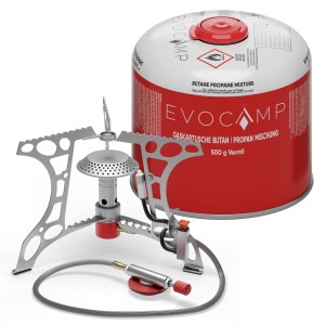 Evocamp Mini-Gaskocher 3.2 kW mit 500g Kartusche für Camping und Outdoor.