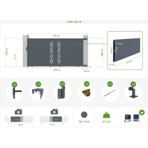Casanoov elektrisches Schiebetor Sunny 3,5m mit Antrieb Ranger C300, Details zu Maßen und Zubehör.