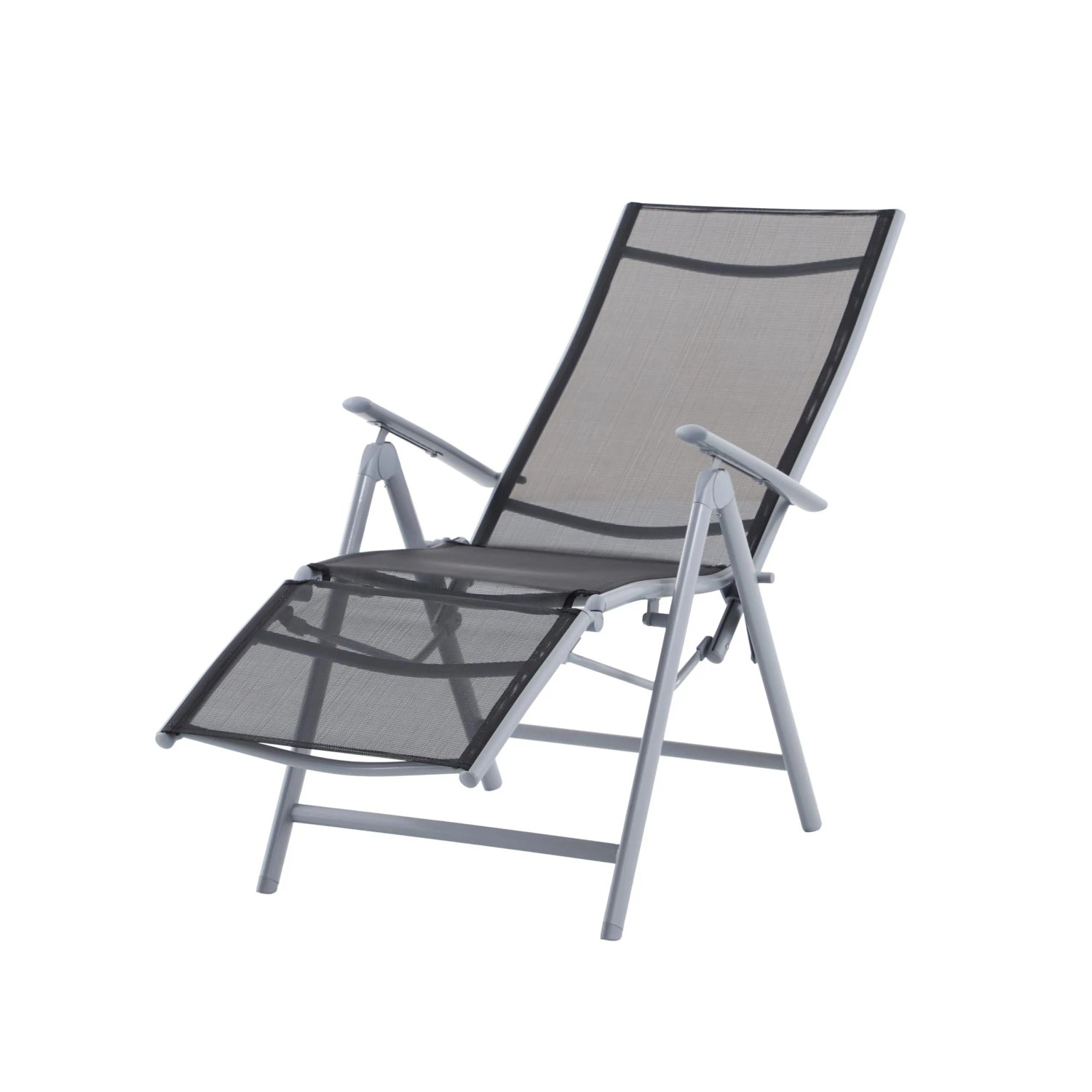 Verstellbarer DELUKE Liegestuhl NATALI, schwarz, mit grauem Aluminiumgestell für Garten, Balkon oder Terrasse.