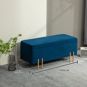 Blaue Samt Sitzbank mit Stauraum, 100x40x42 cm, goldene Metallbeine. Ideal als Polsterbank oder Truhe.