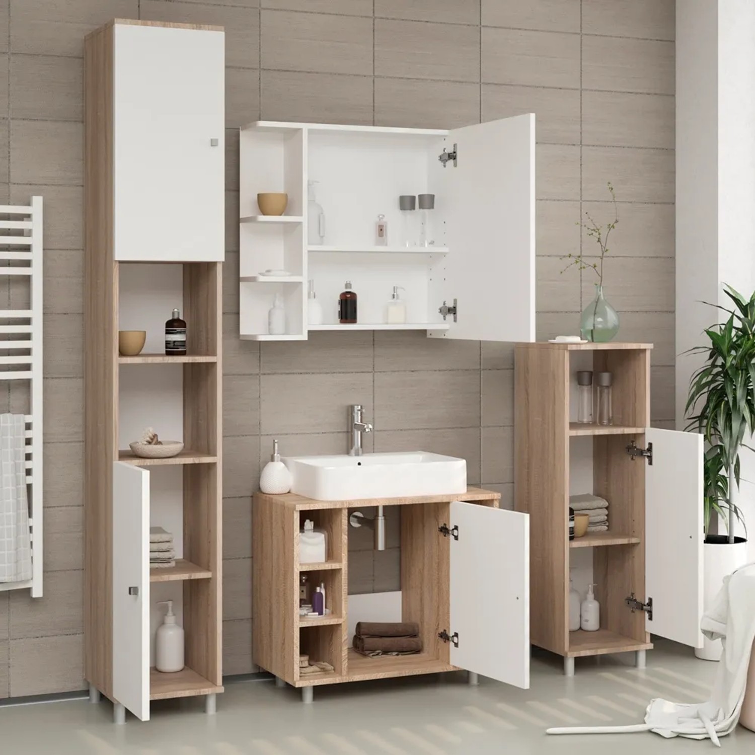 Vicco Badmöbel-Set Fynn Sonoma/Weiß, 3-teilig mit Waschbeckenunterschrank, Spiegelschrank und Hochschrank.