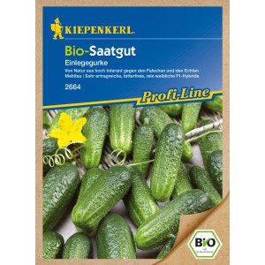 Kiepenkerl Bio Einlegegurke Diamant Saatgut: Packung mit Gurken und gelber Blüte.