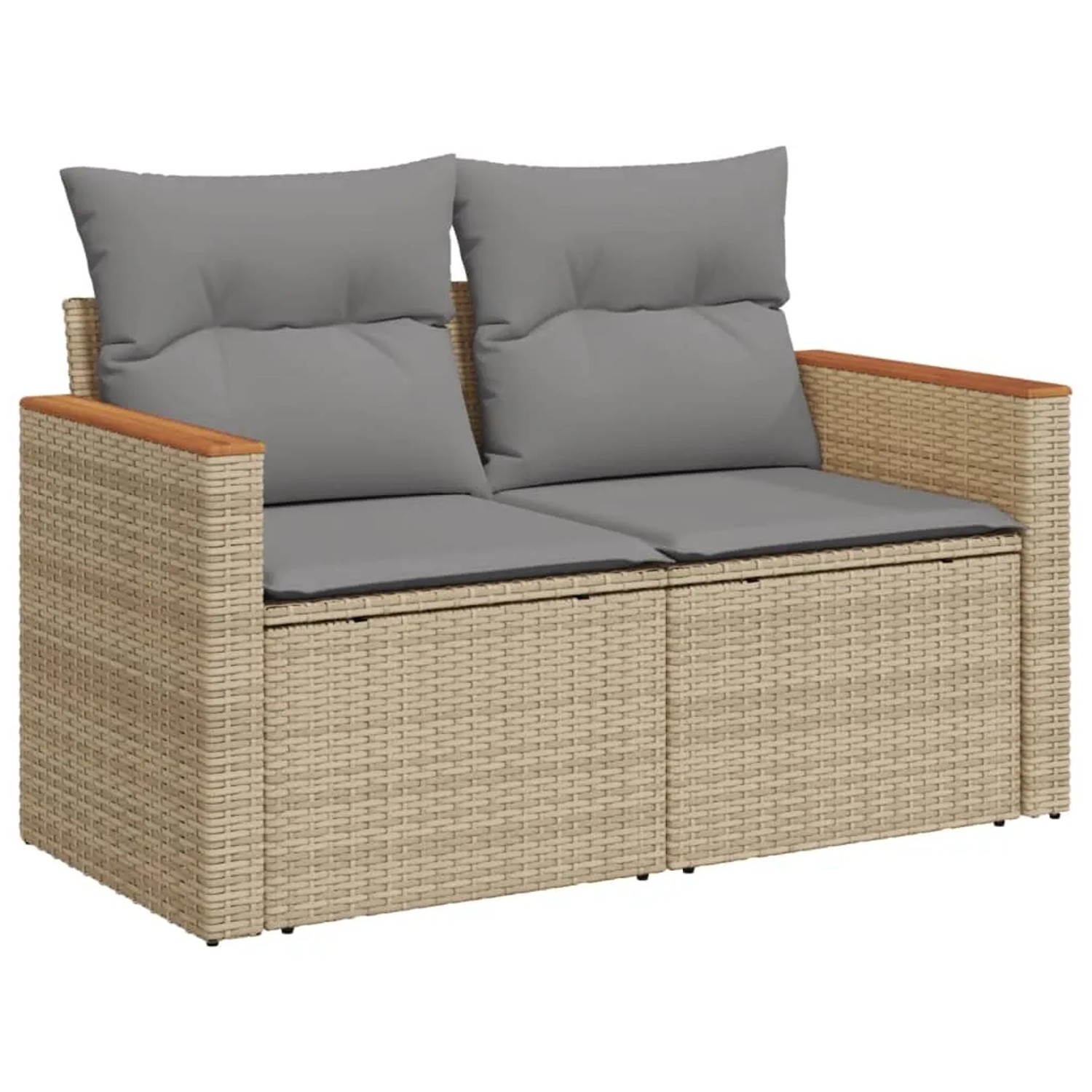 Beige vidaXL Garten-Sofagarnitur aus Poly Rattan mit grauen Kissen für Terrasse und Garten.