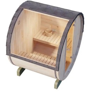 FinnTherm Fasssauna Mini XS aus Fichte mit Glas-Eingangstür und Dachschindeln.