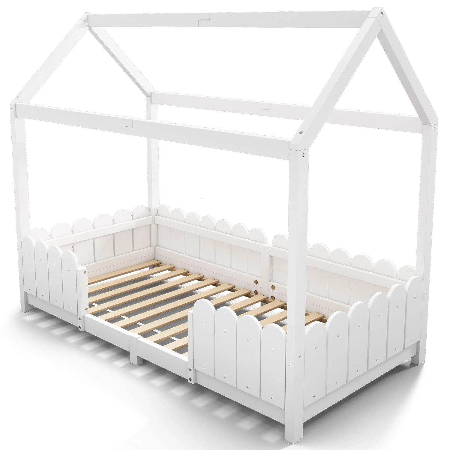 okwish Hausbett 90x200cm mit Rausfallschutz und Lattenrost Kinderzimmer Weiß ohne Matratze