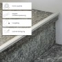 Silbernes Dalsys Treppenkantenprofil selbstklebend auf dunkler Granittreppe. Betont Qualität, Langlebigkeit, flexible Anpassung, leichte Reinigung.