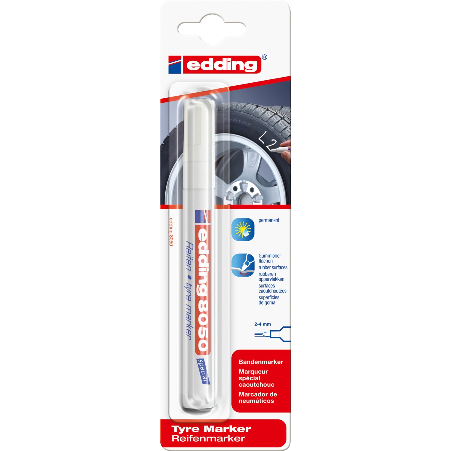 Edding 8050 Reifenmarker, weiß, für dauerhafte Markierungen auf Gummioberflächen.