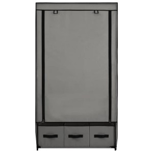 Grauer Stoff-Kleiderschrank (87x49x159cm) mit drei Schubladen für Kleidung und Schuhe.