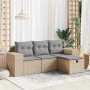 Beige 4-tlg. Garten-Sofagarnitur aus Rattan mit grauen Kissen. Modulares Lounge Set für Terrasse und Garten.