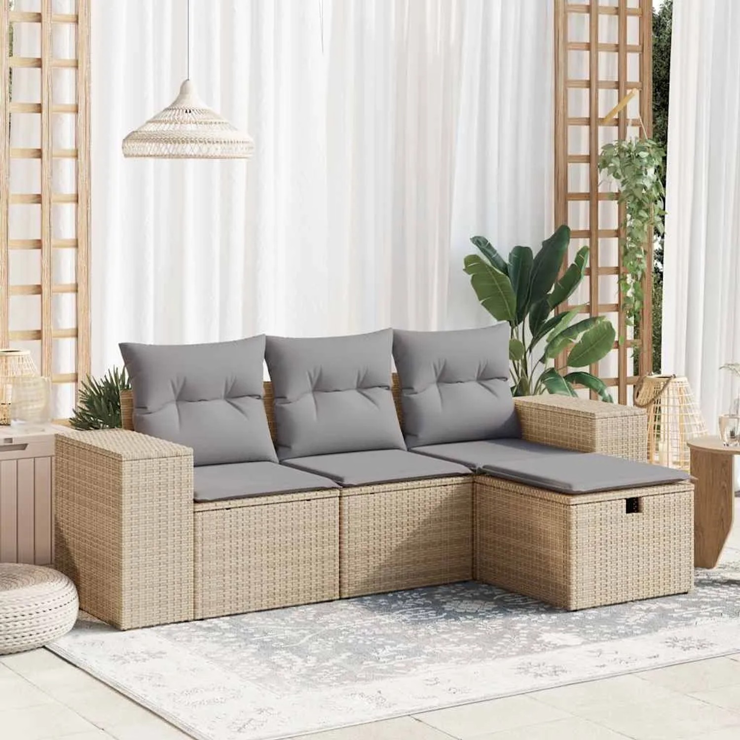 Beige 4-tlg. Garten-Sofagarnitur aus Rattan mit grauen Kissen. Modulares Lounge Set für Terrasse und Garten.