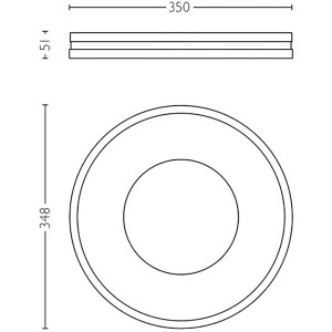 Technische Zeichnung der runden Philips Hue Deckenleuchte Being in Silber mit Maßen.